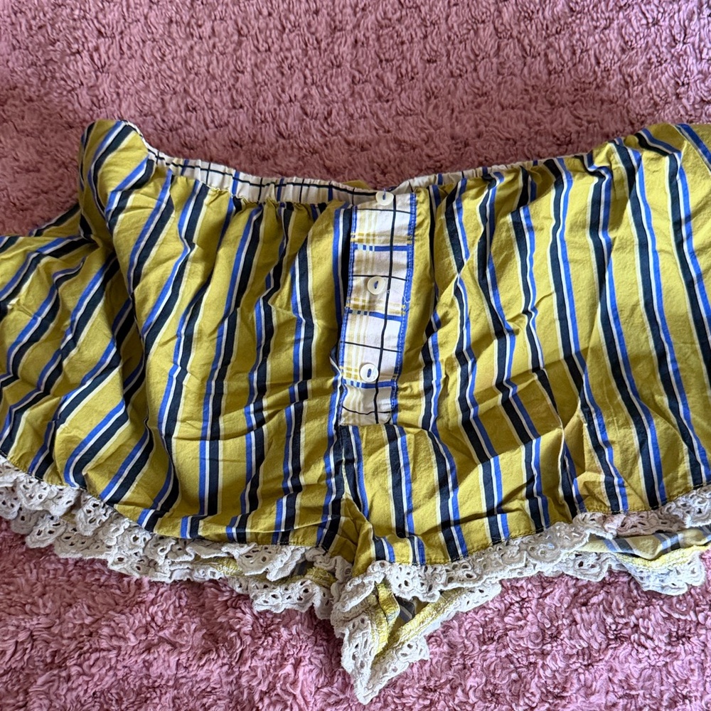Anthropologie Yellow and Blue Striped Lace Trim Shorts